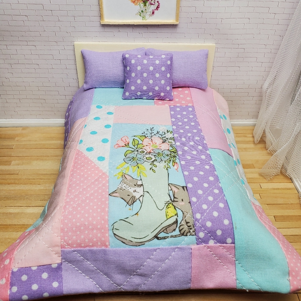 Patchwork Cat Quilt Bedding Set Miniature Dollhouse 1:12 Scale
